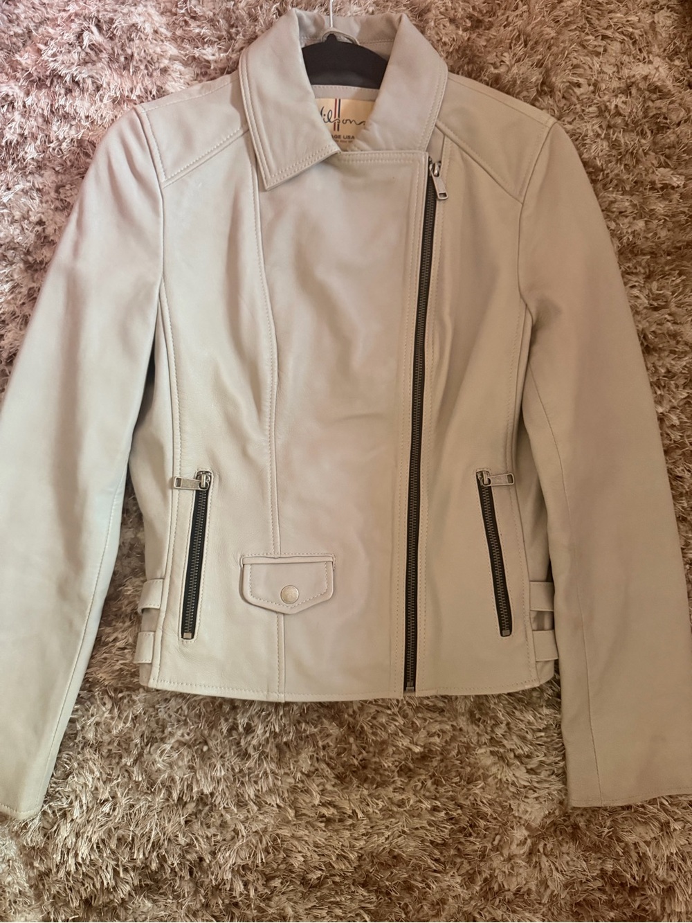 Wilsons Leather Cream Beige Asymmetrical Zip Moto Jacket